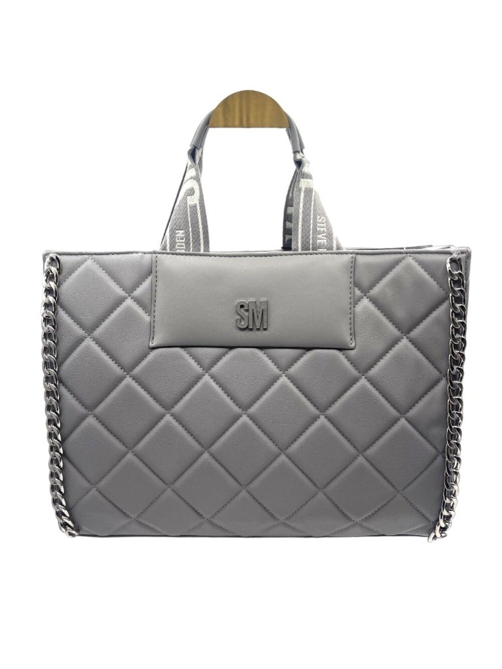 NWT Steve Madden Gray Faux Leather Quilted Large Shoulder Bag Silver Chain Trim